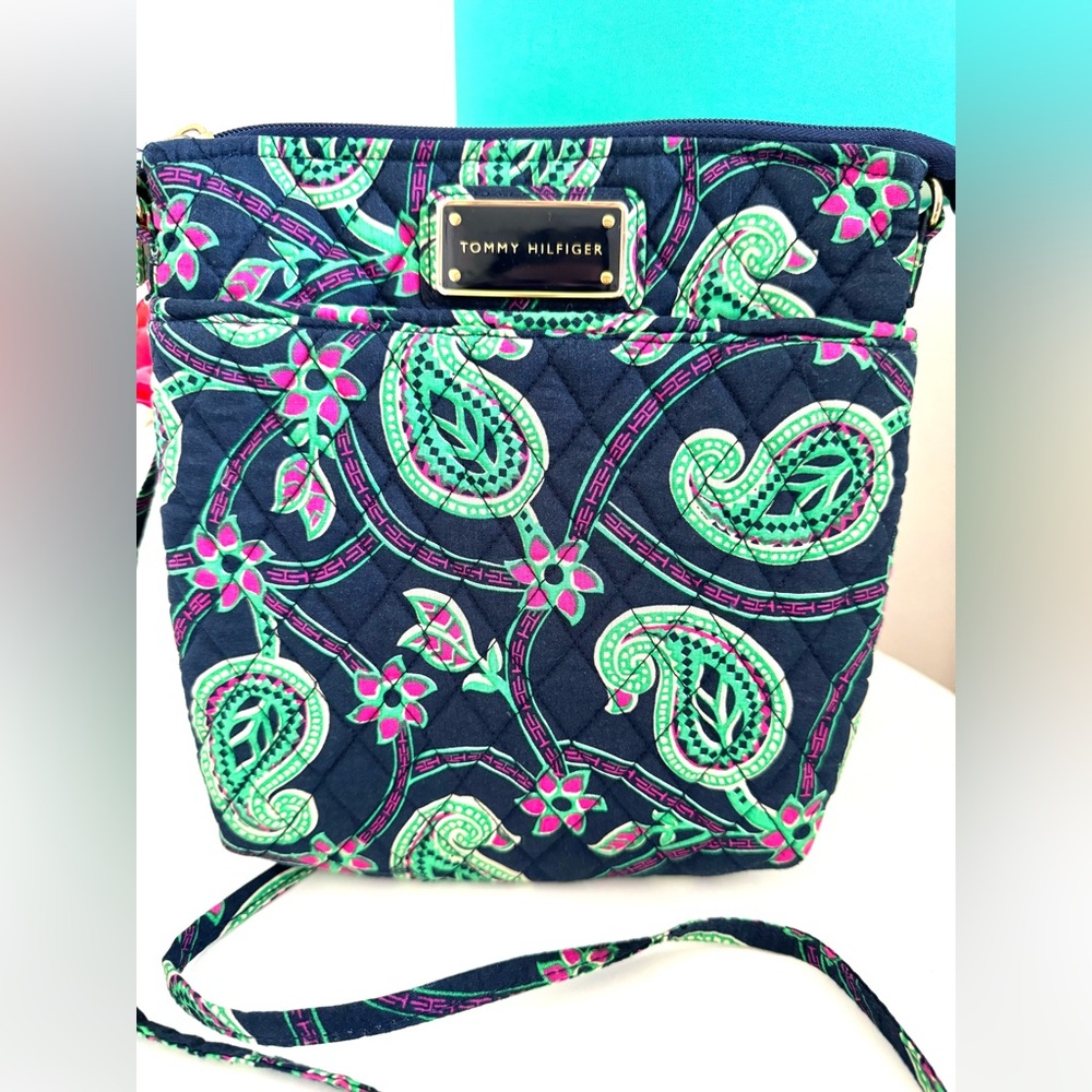 Tommy Hilfiger Navy Blue, Green & Pink Quilted Crossbody Bag with Paisley Design